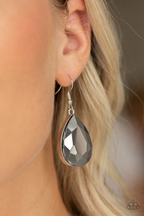 Limo Ride - Oversized Silver Hematite Nestled Teardrop Earrings E#4128