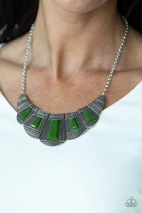Lion Den - Green (Eden) Geometric Studded Faceted Emerald Cut Link Necklace N#4527