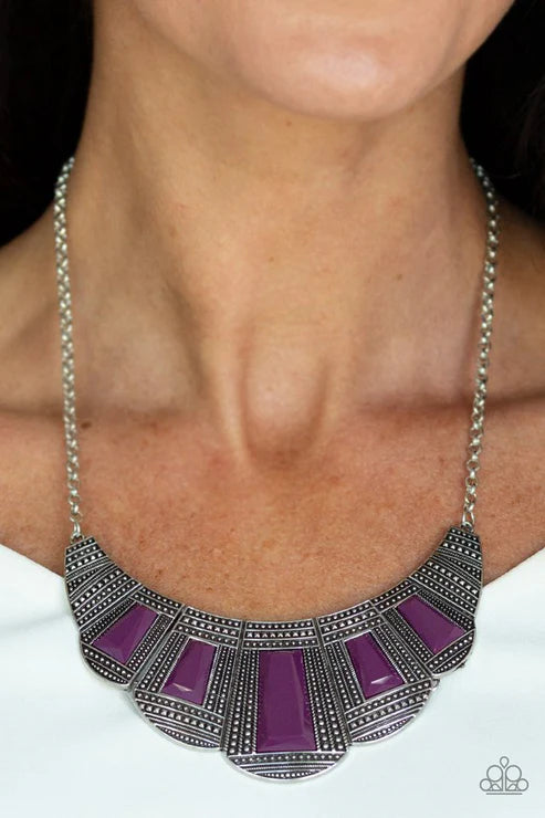 Lion Den - Purple (Plum) Geometric Studded Faceted Emerald Cut Link Necklace N#6504