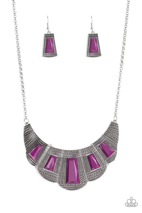 Lion Den - Purple (Plum) Geometric Studded Faceted Emerald Cut Link Necklace N#6504