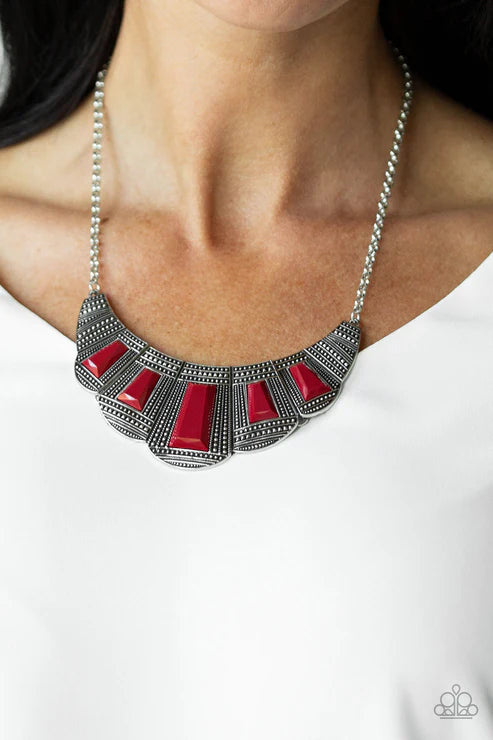 Lion Den - Red Geometric Studded Faceted Emerald Cut Link Necklace N#4680