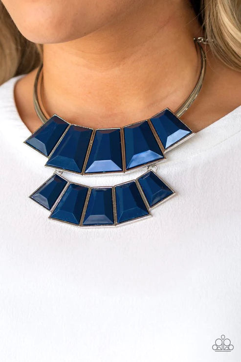 Lions, TIGRESS, and Bears - Oversized Blue (Galaxy) Hue Faceted Emerald Cut Plated Necklace N#2769