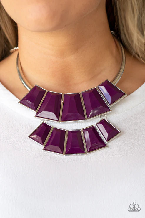 Lions, TIGRESS, and Bears - Oversized Purple (Plum) Hue Faceted Emerald Cut Plated Necklace N#4504
