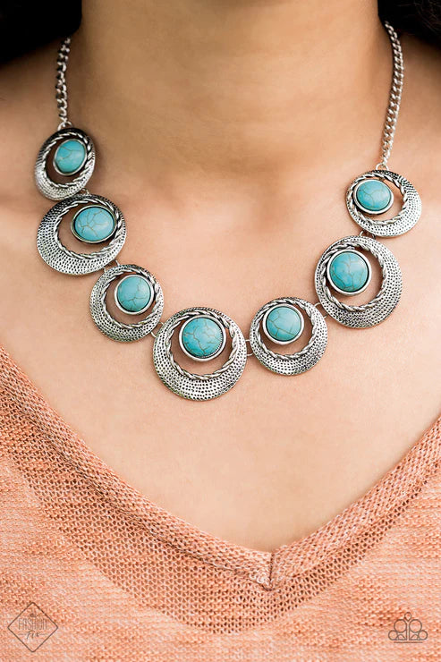 Lions, Tigers, and Bears - Oversized Blue Nestled Bordered Beveled Hammered Textured Twisted Rope Stone Necklace N#5808
