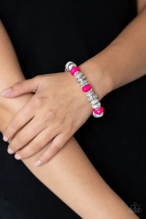 Live Life To The COLOR-fullest - Pink Faceted Ornate Studded Rings Bracelet B#3706