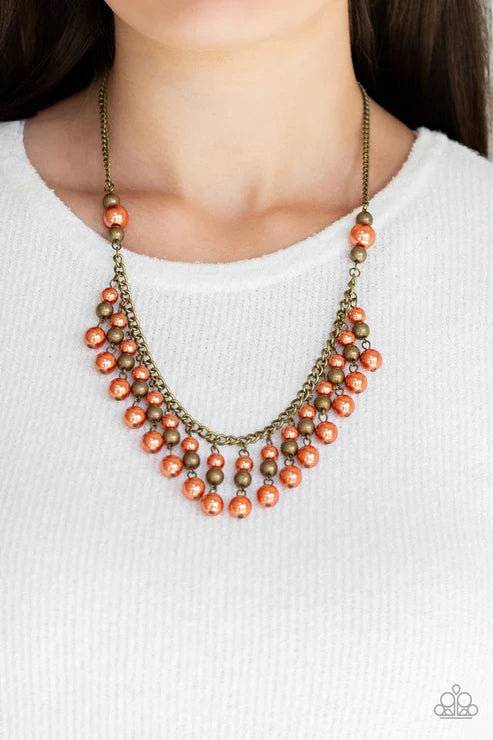 Location, Location, Location! - Orange/Brass Pearl Tassel Fringe Necklace N#5547