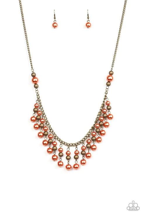 Location, Location, Location! - Orange/Brass Pearl Tassel Fringe Necklace N#5547