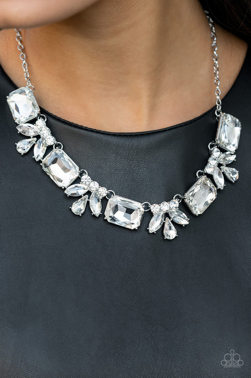 Long Live Sparkle - Oversized White Regal/Emerald Cut Cluster Fringe Necklace N#3252