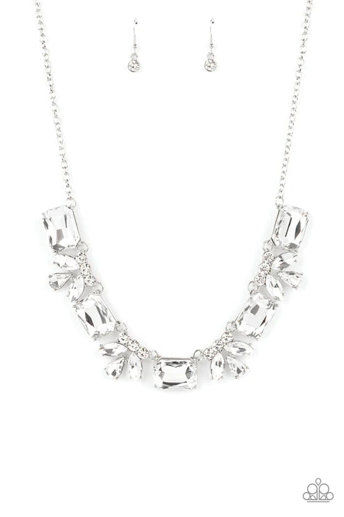 Long Live Sparkle - Oversized White Regal/Emerald Cut Cluster Fringe Necklace N#3252