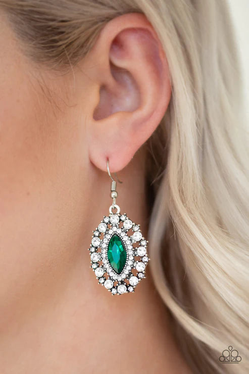 Long May She Reign - Green Encrusted Marquise Cut Studded Earrings E#5119