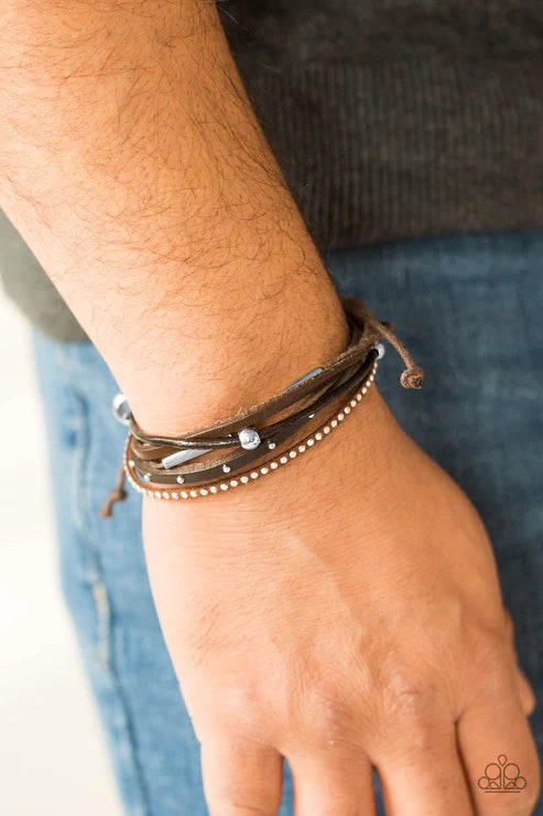 Long Road Home - Brown Metallic Mishmash Cord Studded/Wood Accent Leather Urban Bracelet B#4722