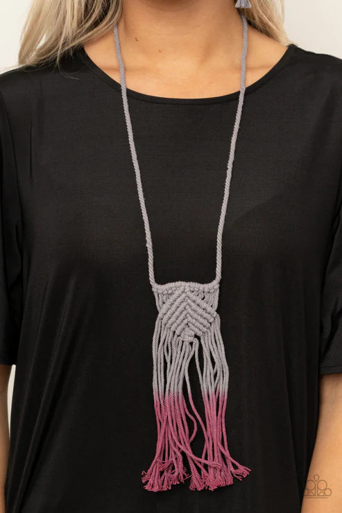 Look At MACRAME Now - Purple/Gray Ombre Twine Cord Knotted/Weaved Tasseled Macrame Necklace N#3247