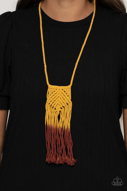 Look At MACRAME Now - Yellow/Gray Ombre Twine Cord Knotted/Weaved Tasseled Macrame Necklace N#4203