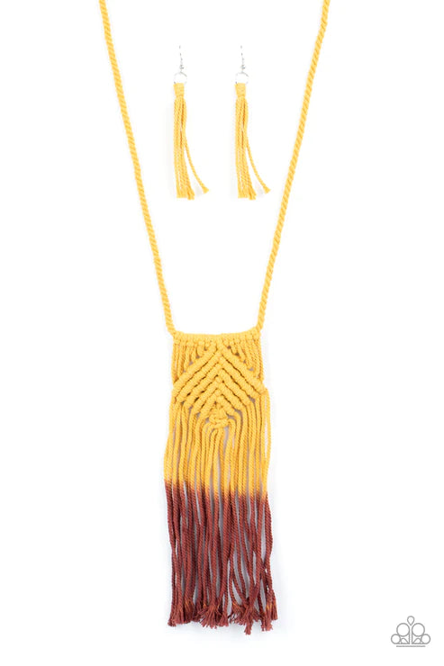 Look At MACRAME Now - Yellow/Gray Ombre Twine Cord Knotted/Weaved Tasseled Macrame Necklace N#4203