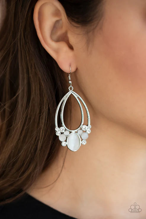 Look Into My Crystal Ball - Oversized White Enchanted Encrusted Cat's Eye Moonstone Stacked Fringe Teardrop Earrings E#6685