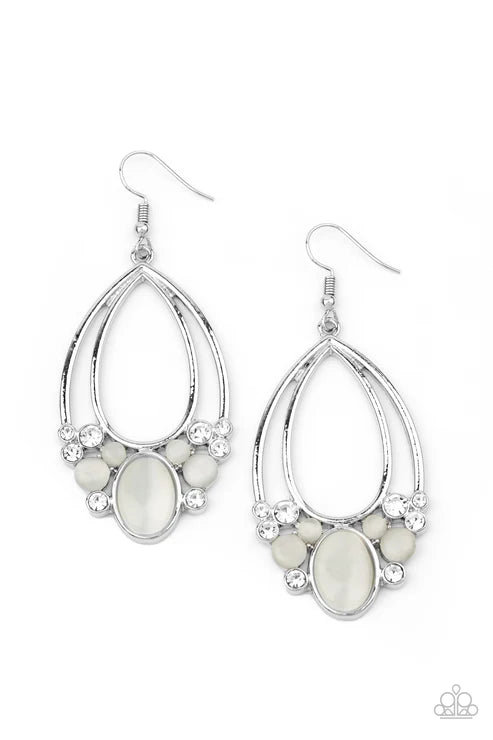 Look Into My Crystal Ball - Oversized White Enchanted Encrusted Cat's Eye Moonstone Stacked Fringe Teardrop Earrings E#6685