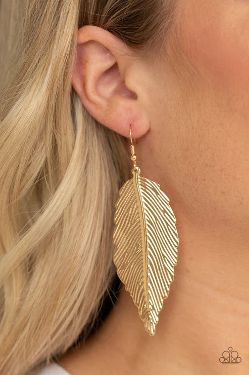 Lookin For A FLIGHT - Oversized Gold Etched/Embossed Textures 3D Feather Earrings E#4057