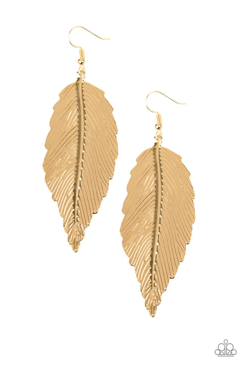 Lookin For A FLIGHT - Oversized Gold Etched/Embossed Textures 3D Feather Earrings E#4057