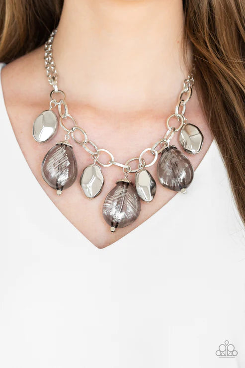 Looking Glass Glamorous - Oversized Silver Metallic Fringe Necklace N#6183