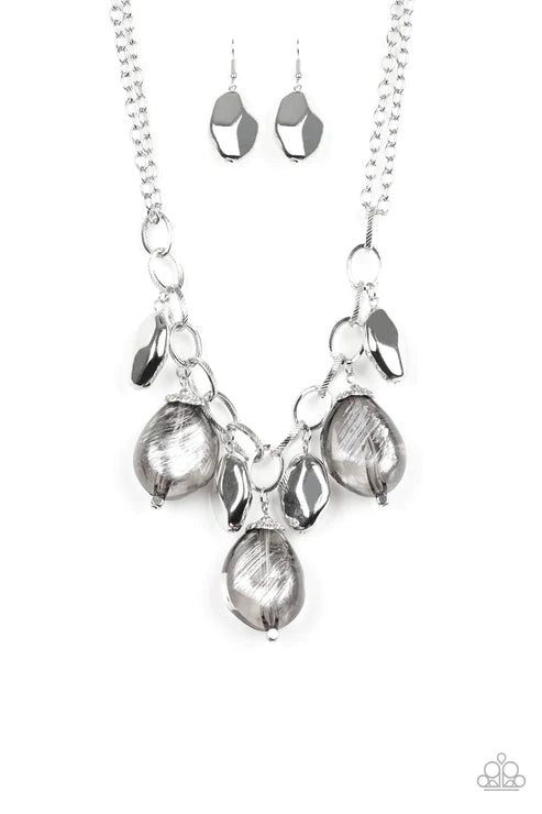 Looking Glass Glamorous - Oversized Silver Metallic Fringe Necklace N#6183
