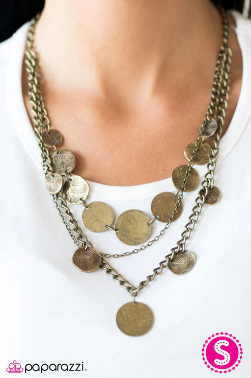 Lost Treasure - Brass Etched Scratched Coin Disc Charm Necklace N#6238