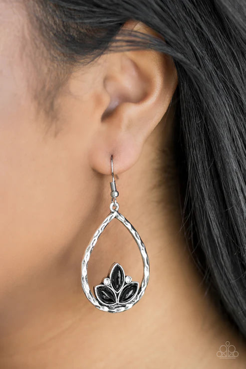 Lotus Laguna - Black Encrusted Lotus Hammered Teardrop Earrings E#6247