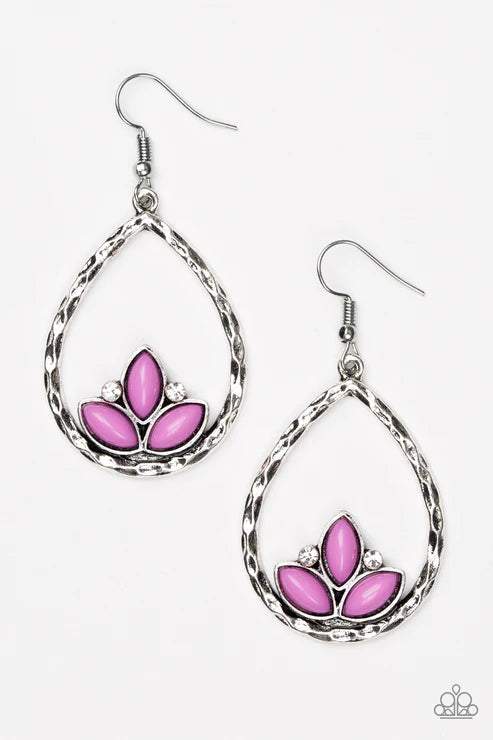Lotus Laguna - Purple Encrusted Lotus Hammered Teardrop Earrings E#4513