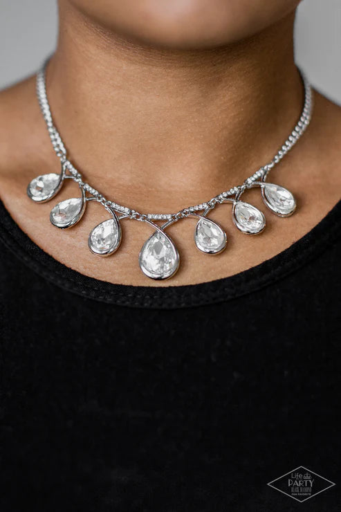 Love At FIERCE Sight - White Suspended Links Swooping Bars Spin Faceted Teardrop Fringe Necklace N#5699