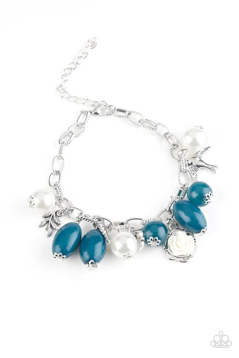 Love Doves 2 - Oversized Blue Pearl 3D Bird/Feather Charm Bracelet B#3592