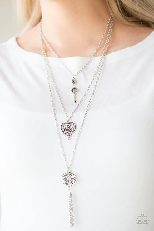 Love Opens All Doors - Purple 3D Key/Heart/Leafy Tassel Necklace N#5706