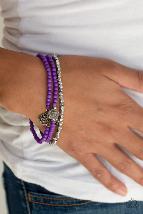 Lovers Loot - Purple/Silver/Gray Resin Vintage 3D Rose Flower/Heart Faceted Bracelet Stack B#4665