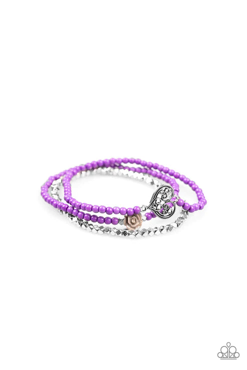 Lovers Loot - Purple/Silver/Gray Resin Vintage 3D Rose Flower/Heart Faceted Bracelet Stack B#4665