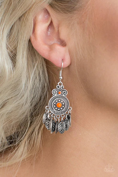 Lower East WILDSIDE - Orange Cascade Leaves Ornate Lure Tribal Fringe Earrings E#6225