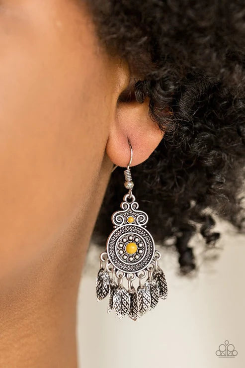 Lower East WILDSIDE - Yellow Cascade Leaves Ornate Lure Tribal Fringe Earrings E#4130
