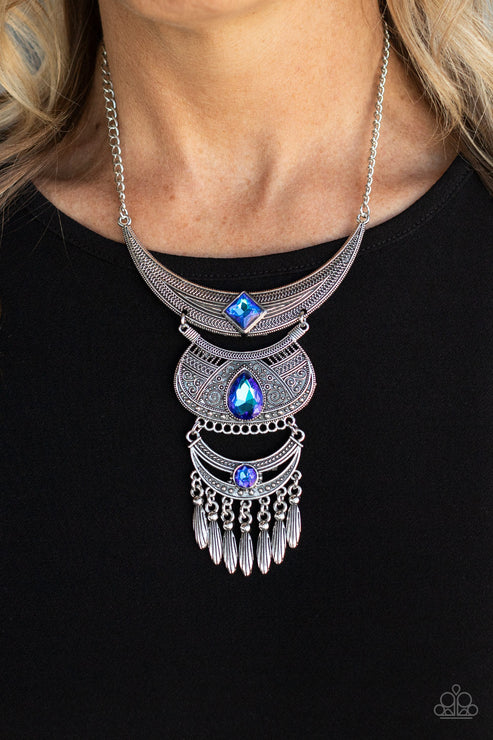 Lunar Enchantment - Oversized Blue Square/Teardrop/Round Embossed/Embellish Studded Geometric Paisley Filigree Trio Mismatched Half Moon Plates Dramatic Link UV Shimmer Decorative Fringe Necklace N#5337