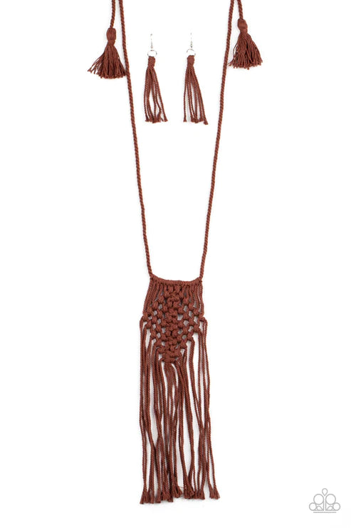 Macrame Mantra - Oversized Brown Knotted Twine Macrame Twisted Frayed Fringe Necklace N#5766