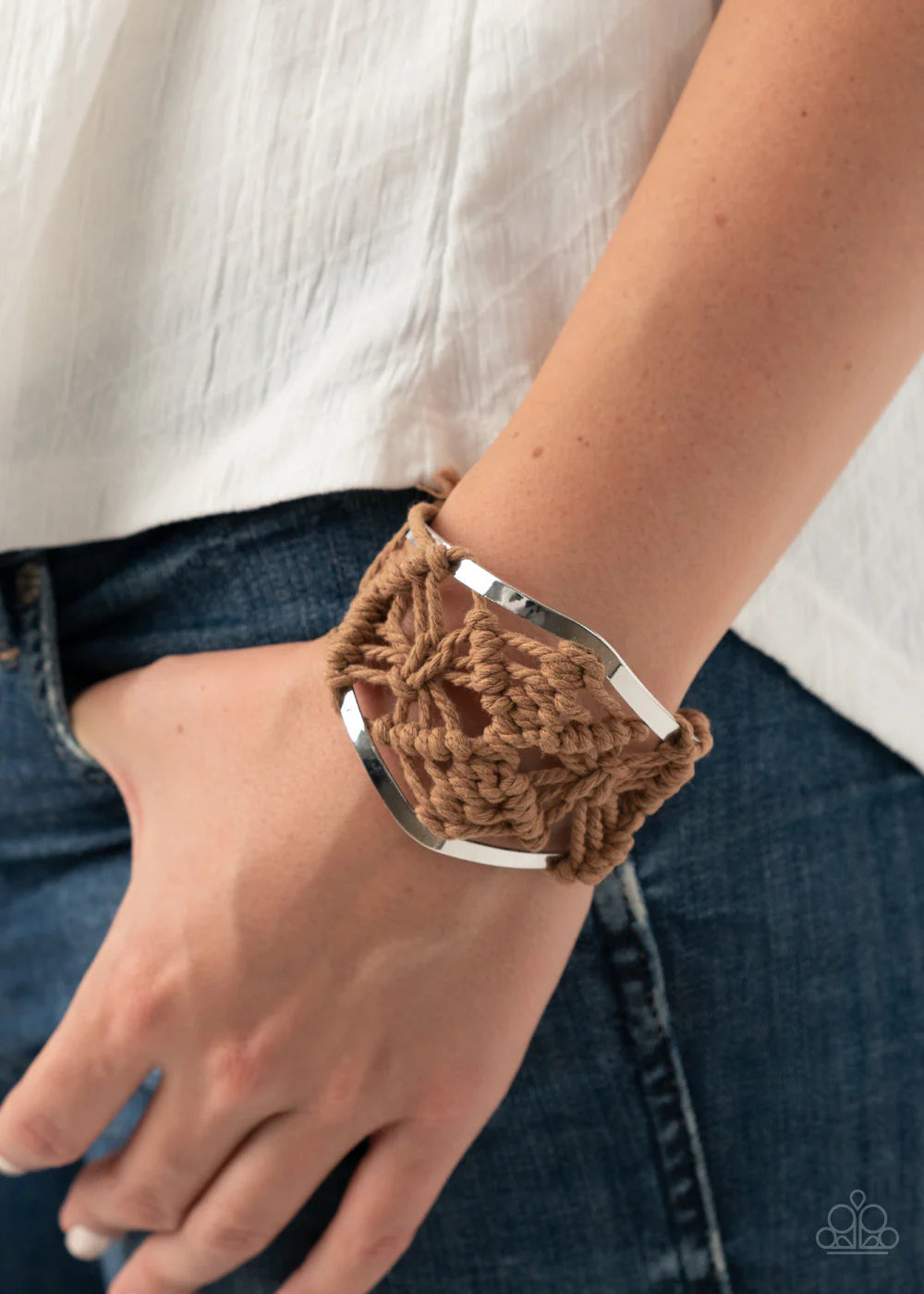 Macrame Mode - Oversized Brown Airy Macrame Knotted/Weaved Tassel Cord Cuff Bracelet B#7087