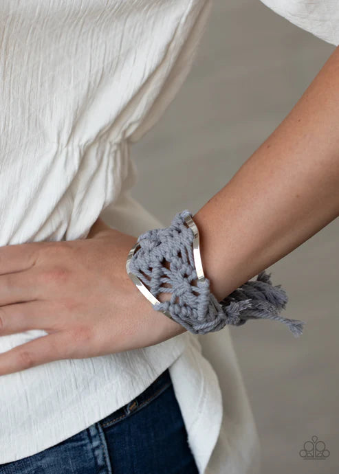Macrame Mode - Oversized Silver Ash Airy Macrame Knotted/Weaved Tassel Cord Cuff Bracelet B#5771