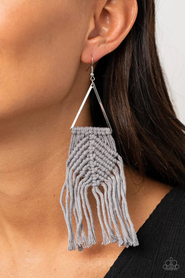 Macrame Jungle - Oversized Silver Airy Triangle Knotted/Weaved Macrame Fringe Earrings E#7190