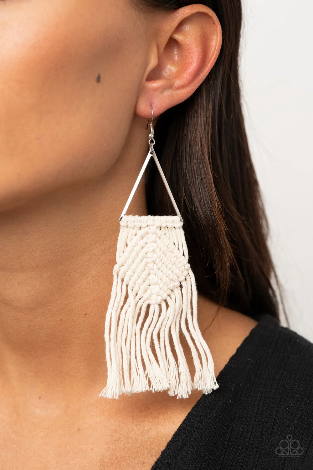 Macrame Jungle - Oversized White Airy Triangle Knotted/Weaved Macrame Fringe Earrings E#7143