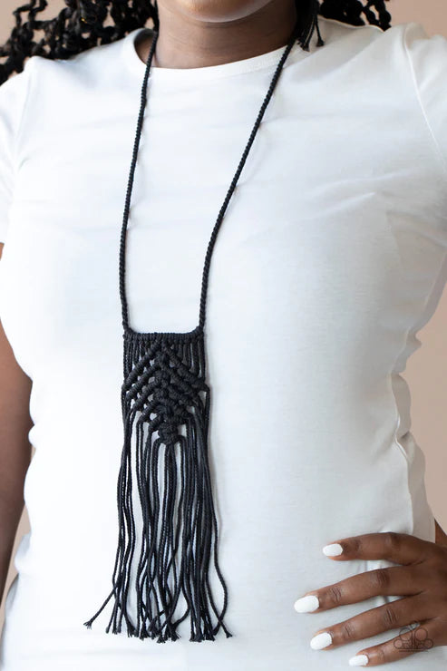 Macrame Mantra - Oversized Black Knotted Twine Macrame Twisted Frayed Fringe Necklace N#7020