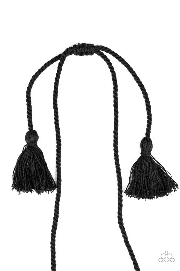 Macrame Mantra - Oversized Black Knotted Twine Macrame Twisted Frayed Fringe Necklace N#7020