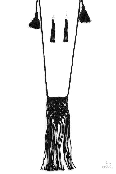 Macrame Mantra - Oversized Black Knotted Twine Macrame Twisted Frayed Fringe Necklace N#7020