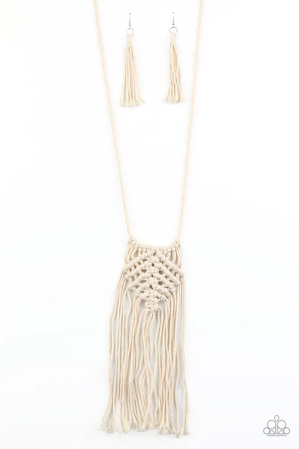 Macrame Mantra - Oversized White Knotted Twine Macrame Twisted Frayed Fringe Necklace N#6904