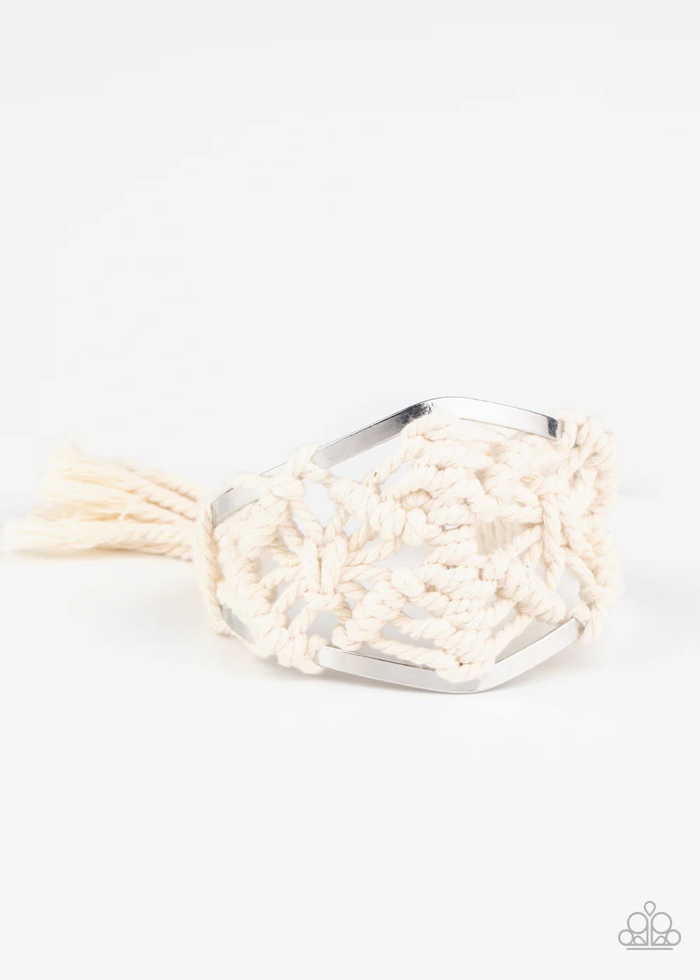 Macrame Mode - Oversized White Airy Macrame Knotted/Weaved Tassel Cord Cuff Bracelet B#7134