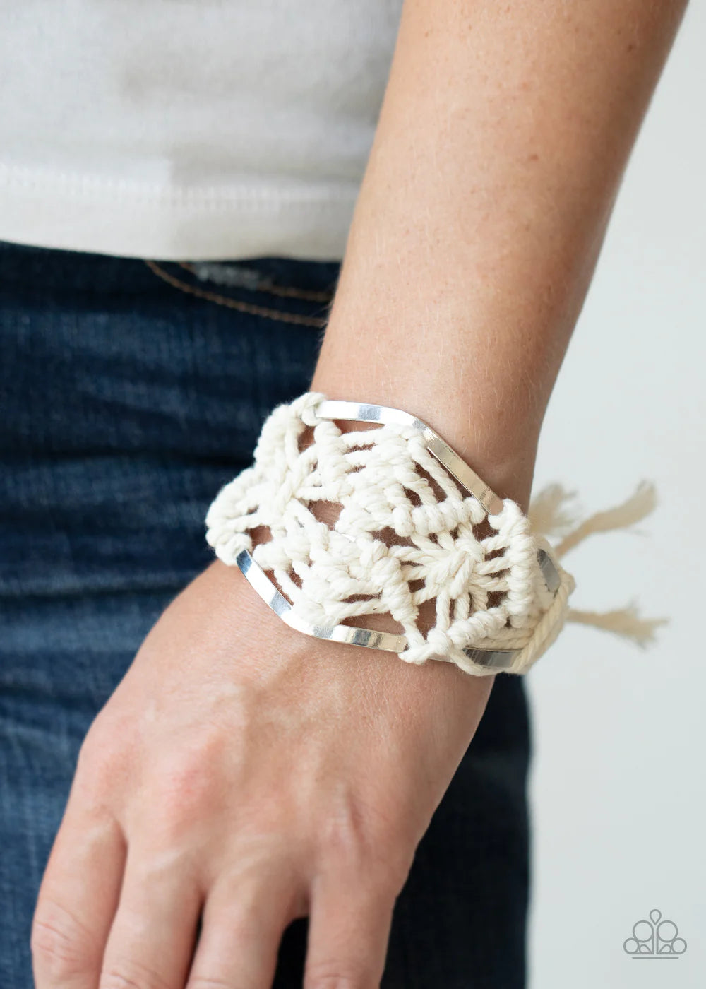 Macrame Mode - Oversized White Airy Macrame Knotted/Weaved Tassel Cord Cuff Bracelet B#7134