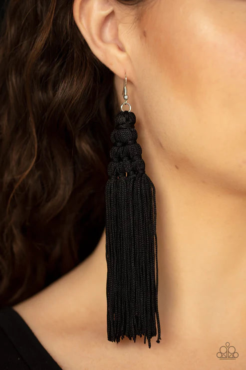 Magic Carpet Ride - Oversized Black Woven Intricate Tassel Stream Majestic Fringe Earrings E#4443
