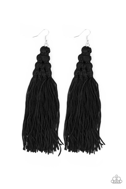 Magic Carpet Ride - Oversized Black Woven Intricate Tassel Stream Majestic Fringe Earrings E#4443