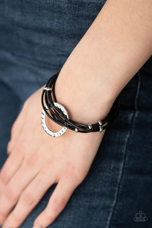 Magnetic Muse - Black/Silver Magnetic Hammered Hoop Cord Bracelet B#4434