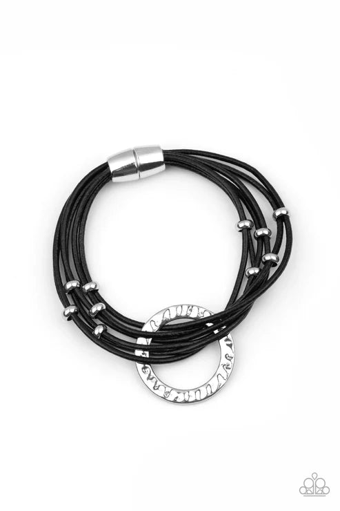 Magnetic Muse - Black/Silver Magnetic Hammered Hoop Cord Bracelet B#4434